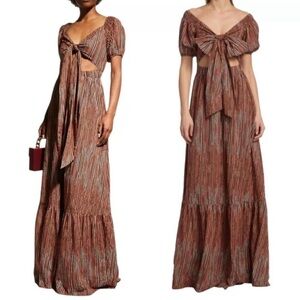 Ramy Brook Megan Deco Rose Cutout Tie Front Puff Sleeves Maxi Dress XS